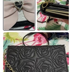 Betsey Johnson Quilted Roses Off White Pink Bow Rhinestone Heart Crossbody Bag**